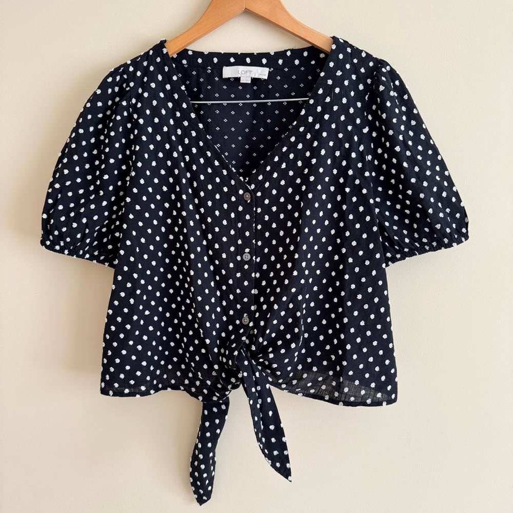 Loft Ann Taylor Black & White Polka Dot Tie Front Blouse Size LP Petite
